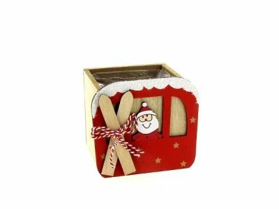 Cache Pot Bois P�re-No�l 8,5x8,5 H9 Rouge