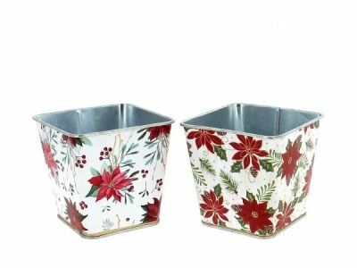 Cache Pot Zinc Poinsettia 9x9 H9 ass