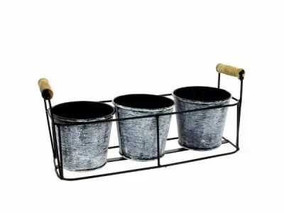 Support M�tal + 3 Cache Pots Zinc D9 H8 Naturel